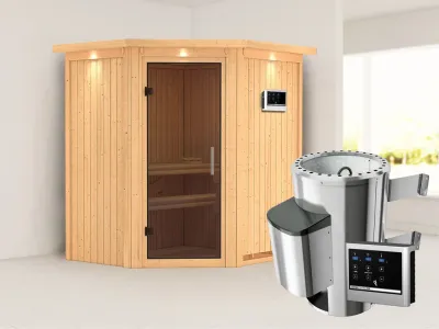Sauna Systemsauna Tonja mit Dachkranz, graphit Ganzglastür + Plug & Play Saunaofen mit ext. Strg Produktbild #1