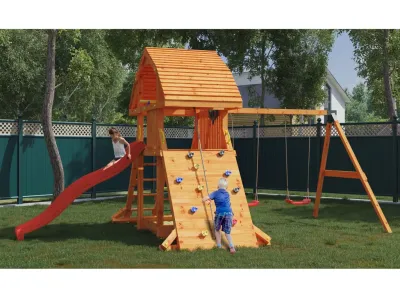 Spielturm Giant Move teakfarben inkl. Rutsche rot Produktbild #1