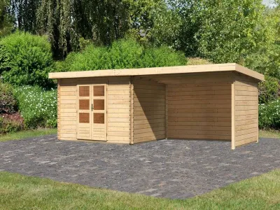 Gartenhaus Blockbohlenhaus SET Bastrup 7 28 mm naturbelassen, inkl. 4 m Anbaudach + Seiten-/Rückwand Produktbild #4