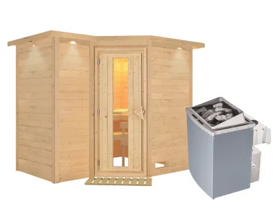Massivholzsauna Sahib 2 mit Dachkranz, Holztür mit Isolierglas, inkl. 9 kW Ofen integr. Steuerung Produktbild #8
