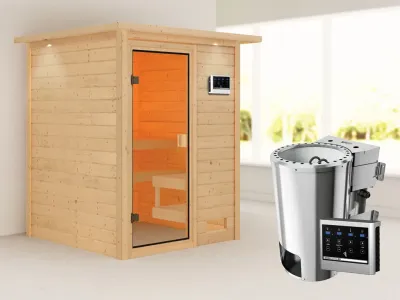 Sauna Sandra mit bronzierter Glastür und Dachkranz + 3,6 kW Plug & Play Bio-Ofen ext. Strg. Produktbild #1