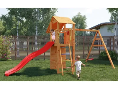 Spielturm Smart 5 teakfarben inkl. Rutsche rot Produktbild #2