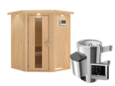 Sauna Systemsauna Nanja mit Dachkranz, Energiespartür + Plug & Play Saunaofen mit ext. Steuerung Produktbild #2