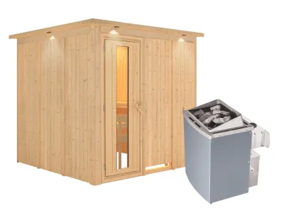 Systemsauna Rodin mit Dachkranz, Holztür mit Isolierglas, inkl. 9 kW Saunaofen integr. Steuerung Produktbild #2