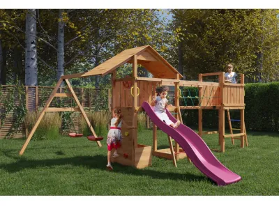 Spielturm Smart 4 Bridge teakfarben inkl. Rutsche pink Produktbild #1
