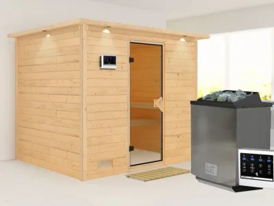 Massivholzsauna Sonara mit Dachkranz bronzierte Ganzglastür Produktbild #1