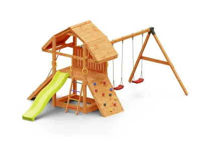 Spielturm Buffalo teakfarben inkl. Doppelschaukel + Rutsche gelb Produktbild #4