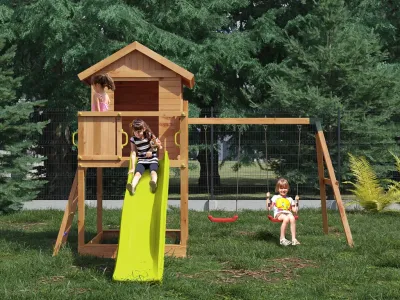 Spielturm Stelzenhaus Galaxy S inkl. Doppelschaukel teakfarben + Rutsche gelb Produktbild #1