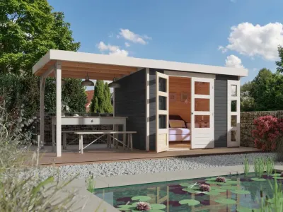 Gartenhaus SET Kerko 4 19 mm terragrau, inkl. 2,8 m Anbaudach Produktbild #1