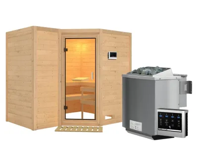 Sauna Massivholzsauna Sahib 2 Klarglas Ganzglastür + 9 kW Bio-Kombiofen mit ext.Strg Produktbild #1