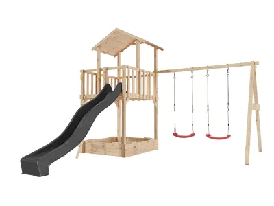 Spielturm Tilly Premium mit Doppelschaukel Lärche inkl. Rutsche grau + Sitze rot Produktbild #4