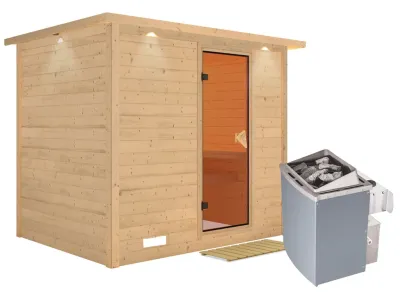 Massivholzsauna Sonara mit Dachkranz, bronzierte Ganzglastür, inkl. 9 kW Ofen integr. Steuerung Produktbild #2