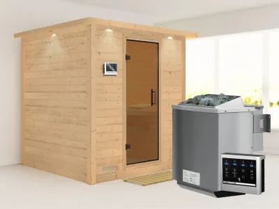 Massivholzsauna Mojave mit Dachkranz, graphit Ganzglastür, inkl. 9 kW Bio-Ofen ext. Steuerung Produktbild #7