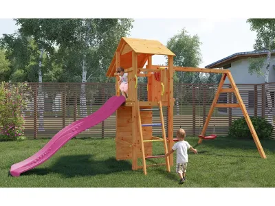 Spielturm Smart 5 teakfarben inkl. Rutsche pink Produktbild #2