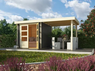 Gartenhaus Askola 2 19 mm terragrau inkl. 2,4 m Anbaudach Produktbild #1