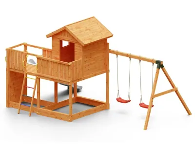 Spielturm Galaxy L inkl. Doppelschaukel teakfarben + Rutsche weiß Produktbild #6