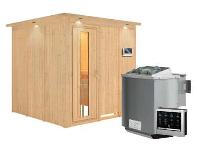 Systemsauna Rodin mit Dachkranz, Holztür mit Isolierglas, inkl. 9 kW Bio-Kombiofen ext. Steuerung Produktbild #3
