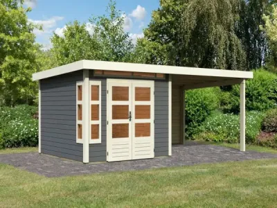 Gartenhaus SET Kastorf 6 28 mm terragrau inkl. 3,2 m Anbaudach + Rückwand Produktbild #1