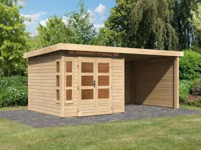 Gartenhaus SET Kastorf 6 28 mm naturbelassen inkl. 3,2 m Anbaudach + Rückwand + Seitenwand Produktbild #1