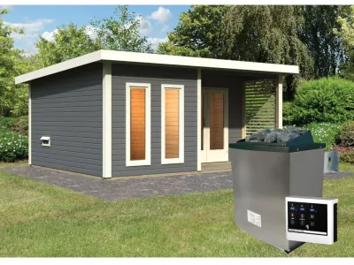 Saunahaus Mainburg 5 terragrau 38 mm inkl. klassischer Saunaofen 9 kW + ext. Steuerung Produktbild #1