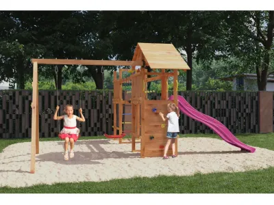Spielturm Smart 5 Bridge teakfarben inkl. Rutsche pink Produktbild #2