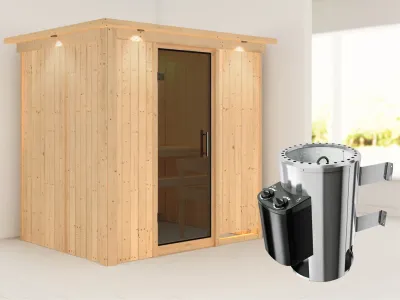 Sauna Systemsauna Fanja mit Dachkranz, graphit Ganzglastür + Plug & Play Saunaofen mit Steuerung Produktbild #1