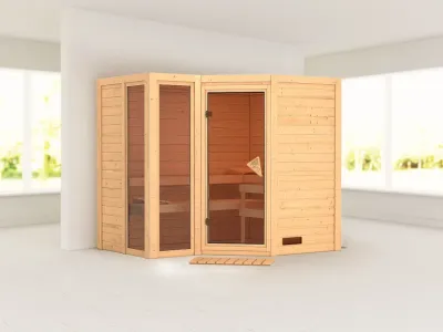 Abbildung zeigt die Sauna mit Dachkranz, geliefert wird sie ohne