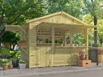 Abb. zeigt Marktstand inkl. Dekoration und Regalen innen (nicht enthalten).