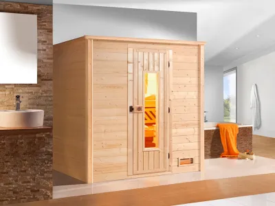 Sauna Massivholzsauna Bergen 2 HT isolierte Holztür mit Glasausschnitt Produktbild #1