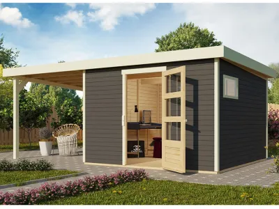 Gartenhaus Bielefeld 2 19 mm terragrau inkl. 240 cm Anbau Produktbild #1