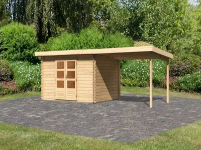Gartenhaus Blockbohlenhaus SET Bastrup 7 28 mm naturbelassen, inkl. 3 m Anbaudach Produktbild #1