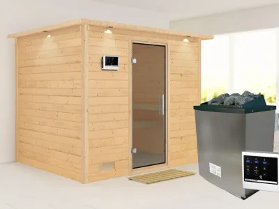 Massivholzsauna Sonara mit Dachkranz graphit Ganzglastür Produktbild #2