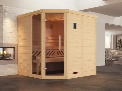 Sauna Massivholz-Elementsauna Kemi Eck 1 inkl. Fenster, Edelstahlset + Komfortpaket Produktbild #1