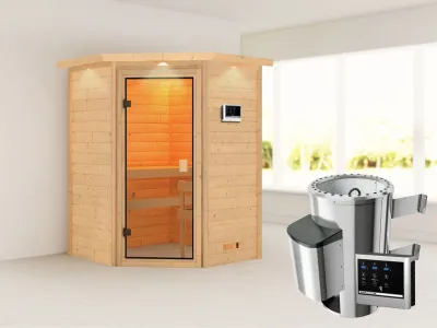 Sauna Antonia mit bronzierter Glastür und Dachkranz + 3,6 kW Plug & Play Saunaofen ext. Strg. Produktbild #1