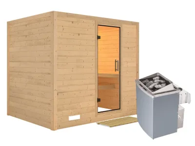 Sauna Massivholzsauna Sonara Klarglas Ganzglastür + 9 kW Saunaofen mit Steuerung Produktbild #2