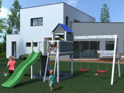 Spielturm Treehouse grau-weiß inkl. Doppelschaukel + Rutsche Produktbild #1
