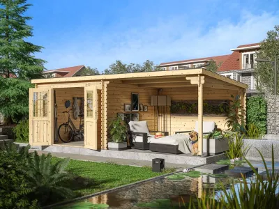 Gartenhaus Blockbohlenhaus CA2977 28 mm naturbelassen mit 3 m Anbau Produktbild #1