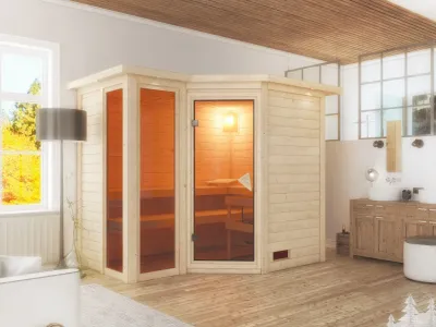 Abbildung zeigt die Sauna mit Dachkranz, geliefert wird sie ohne
