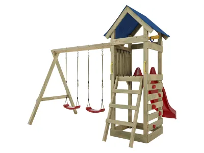 Spielturm Easy KDI inkl. Doppelschaukel inkl. Rutsche rot + Sitze rot Produktbild #5