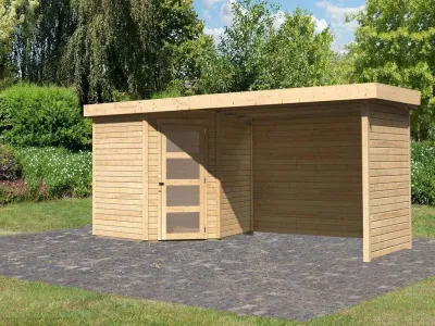 Gartenhaus SET Schwandorf 5 19 mm naturbelassen, inkl. 2,8 m Anbaudach + Seiten- und Rückwand Produktbild #1