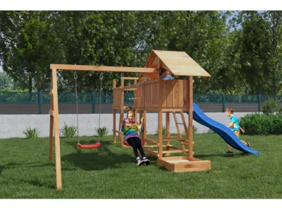Spielturm Smart 1 Bridge teakfarben inkl. Rutsche blau Produktbild #3