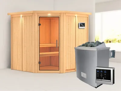 Sauna Systemsauna Jarin mit Dachkranz, Klarglas Ganzglastür + 9 kW Saunaofen mit ext. Strg Produktbild #1