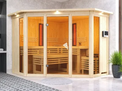 Multifunktionssauna Asta mit bronzierter Glastür und Dachkranz + 9 kW Bio-Kombiofen ext. Strg. Produktbild #1