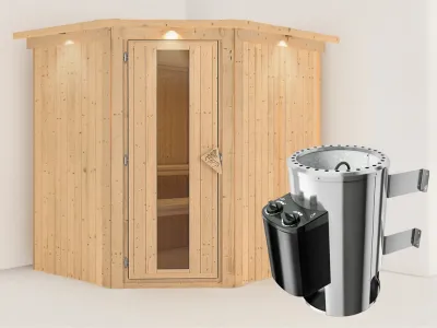 Sauna Systemsauna Lilja mit Dachkranz, Energiespartür + Plug & Play Saunaofen mit Steuerung Produktbild #1