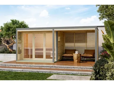 Saunahaus Ares 3 38 mm naturbelassen - graualuminium mit 9 kW Bio Ofen und ext. Steuerung Produktbild #2