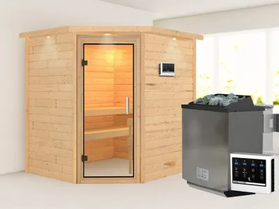 Sauna Massivholzsauna Mia mit Dachkranz, inkl. 9 kW Bio-Ofen mit externer Steuerung Produktbild #1