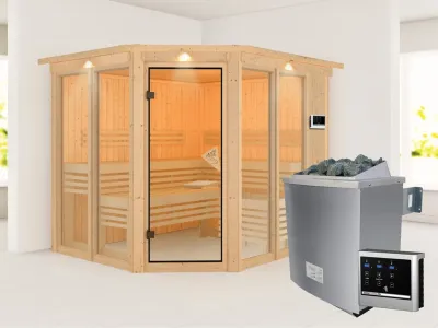 Sauna Ainur mit bronzierter Glastür und Dachkranz + 9 kW Saunaofen ext. Strg. Produktbild #2