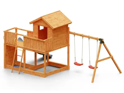 Spielturm Galaxy L inkl. Doppelschaukel teakfarben + Rutsche grau Produktbild #5