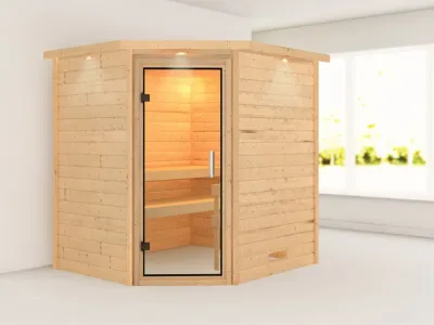 Sauna Massivholzsauna Mia mit Dachkranz, Klarglas Ganzglastür Produktbild #1