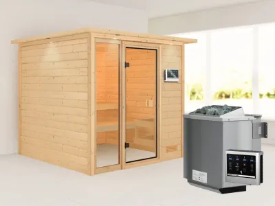 Sauna Jutta mit bronzierter Glastür und Dachkranz + 9 kW Bio-Kombiofen ext. Strg. Produktbild #3
